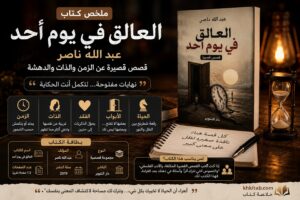 ملخص كتاب العالق في يوم أحد لعبد الله ناصر مع كتاب مفتوح وساعة ذائبة وظلال ترمز للزمن والذات والدهشة.